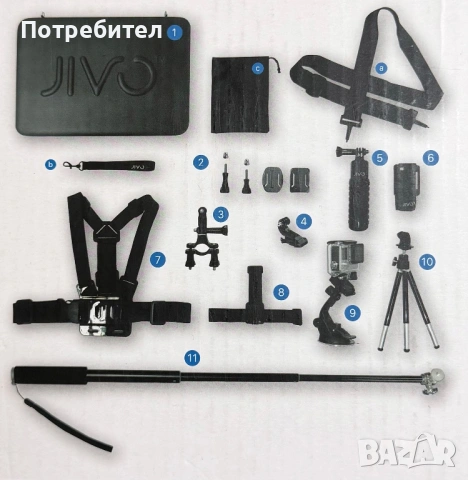 Оригинален Jivo Go Gear Комплект аксесоари за екшън спортна камера за GoPro Hero, снимка 6 - Чанти, стативи, аксесоари - 54906371