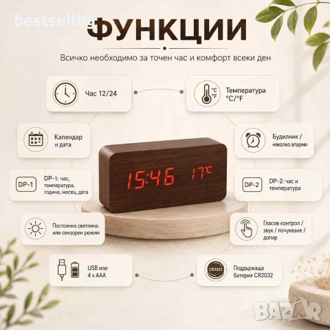 Постоянно светещ електронен часовник с дигитален термометър за стая, снимка 2 - Други - 29155085