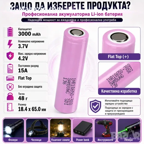 Професионална и издръжлива акумулаторна батерия Samsung 18650 3000mAh презареждаща се за фенр нова, снимка 3 - Друга електроника - 51102944