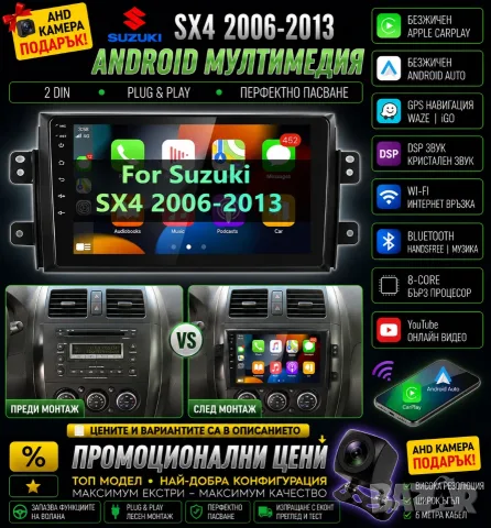 Мултимедия, Двоен дин, Suzuki SX4, Андроид, Навигация, 2DIN, плеър, екран Android, Сузуки SX4