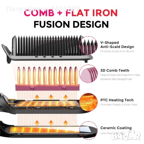 Четка преса за коса TYMO Flat Iron Hair Straightener Brush 2 in 1 200M Ions Ceramic Black, снимка 7 - Преси за коса - 54729180