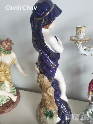 Meissen фигура 49см-2,4кг/еротика/Майсен порцеланова статуетка на момиче с цветя и бухал, снимка 4 - Статуетки - 55606482