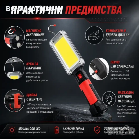 Мощна акумулаторна преносима LED къмпинг лампа осветление фенер с магнит 18650 батерии USB зареждане, снимка 2 - Къмпинг осветление - 51017083