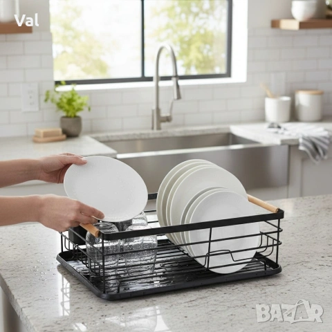 Компактен сушилник за съдове с отцеждаща табла Cheffinger – метален, 43 x 32 x 14 см, модерен дизайн, снимка 2 - Други - 54894006