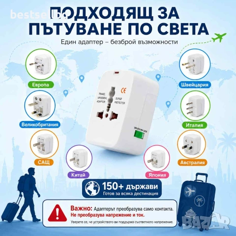 Универсален адаптер за пътуване за Европа Великобритания САЩ и над 150 държави, снимка 3 - Друга електроника - 29243015