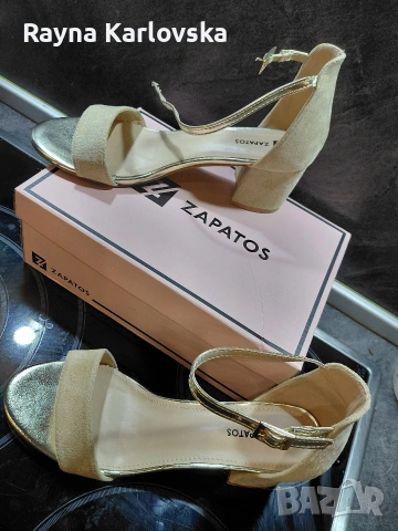 Нови елегантни бежови сандали Zapatos с дебел ток – Номер 38, снимка 6 - Сандали - 54393303