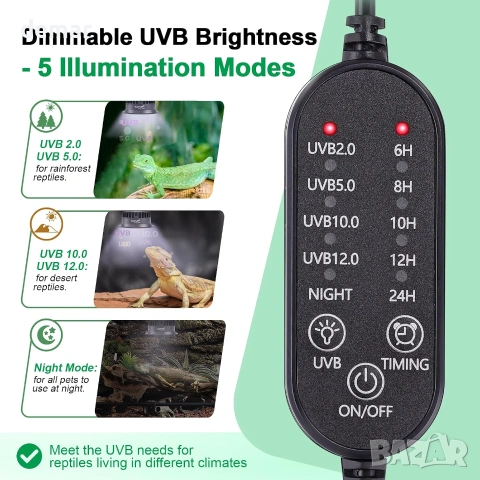 LED UVB осветление за терариум Hygger Zoo с таймер (UVA/UVB/Night mode), снимка 10 - Терариуми и оборудване - 55219927