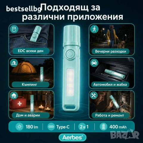 Акумулаторно LED фенерче Aerbes 180 лумена USB Type-C 400mAh с COB лампа и фокус, снимка 6 - Къмпинг осветление - 55154504