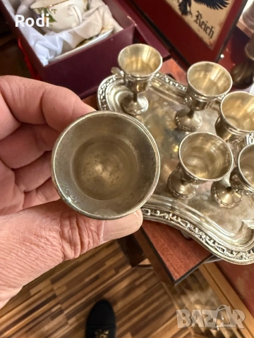 стар посребрен комплект от 6 чашки и поднос, снимка 4 - Антикварни и старинни предмети - 54213465