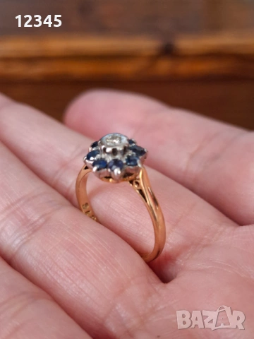 Старинен златен пръстен диамант и сапфири , снимка 3 - Пръстени - 54075788