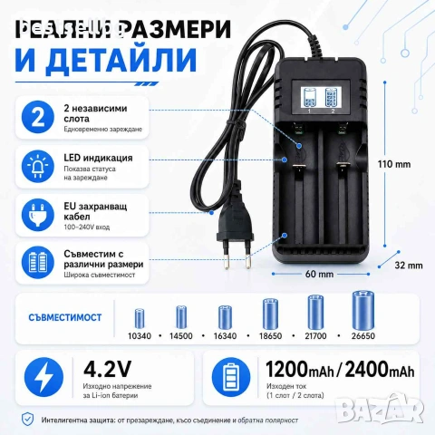 Универсално зарядно с дисплей за две литиево йонии батерии 3.7V 18650, снимка 6 - Друга електроника - 42636201