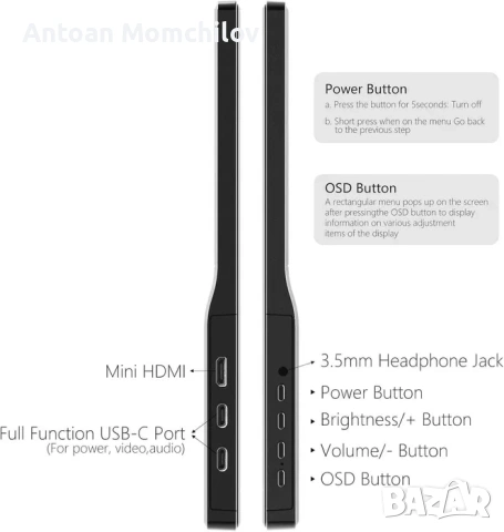 Преносим монитор Anyuse 15.6 FHD USB-C HDMI, снимка 3 - Монитори - 54827807
