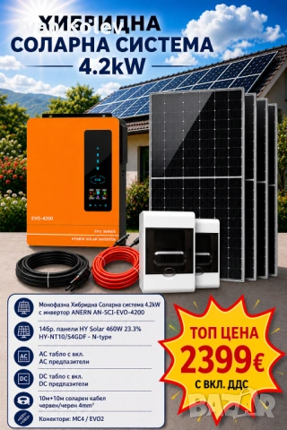 Хибридна Соларна Система 4.2kW с Инвертор ANERN AN-SCI-EVO-4200 и 10бр. Фотоволтаични панели HYSolar, снимка 1 - Друга електроника - 54787100