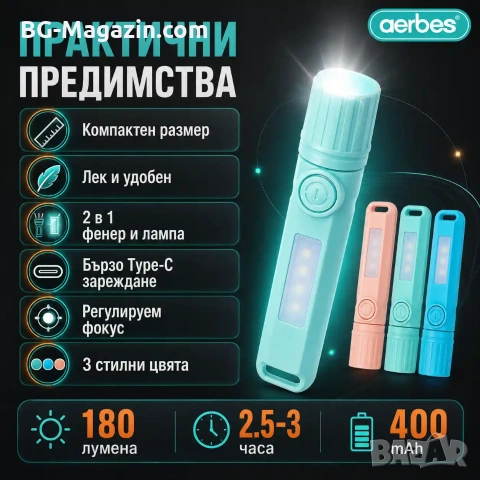 Акумулаторен LED джобен мини фенер Aerbes с COB лампа и USB Type-C, снимка 4 - Къмпинг осветление - 55123736