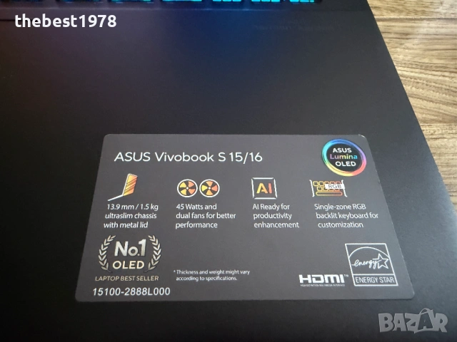 3.2k 120Hz OLED Asus 16s`Ryzen AI9 HX370/32GB DDR5/1TB SSD/Гаранция/Бат 14ч, снимка 4 - Лаптопи за игри - 54524295