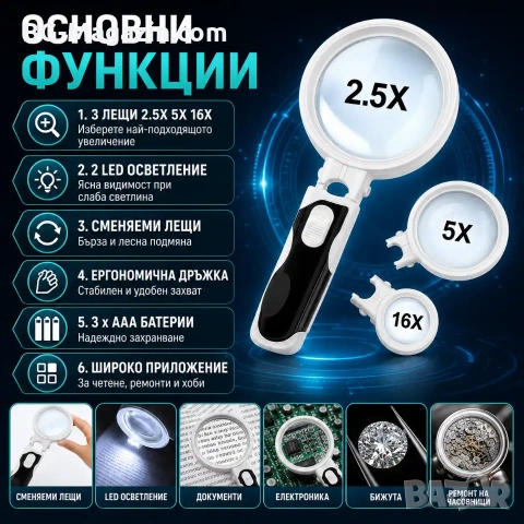 Увеличителна мощна ръчна лупа с LED осветление лампа дръжка различни сменяеми лещи четене бижута, снимка 8 - Други инструменти - 50920055