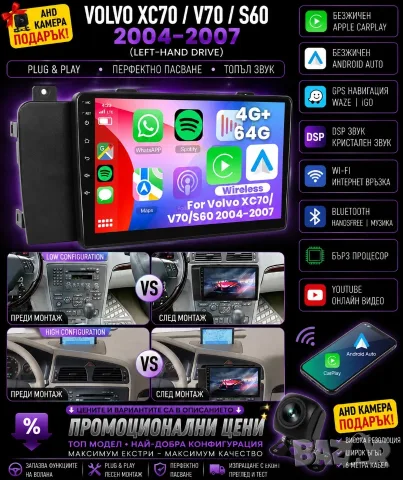 Мултимедия с Android за Volvo XC70, V70, S60, Андроид, навигация, плеър, Волво, двоен дин, 2004-2007
