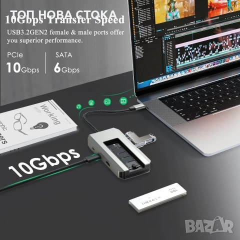 Докинг станция Minthouz USB-C, 8-в-1 USB хъб , снимка 3 - Кабели и адаптери - 54979983