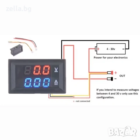 Дигитален волтамперметър за вграждане 0-100V 0-10A, LED дисплей червено-син – за захранващи 10052, снимка 4 - Части и Платки - 54656841