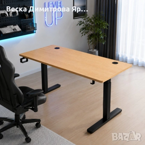 Модерно бюро с органайзер за кабели, поставка за чаша и слушалки, 140x60 см, Светлокафяво, снимка 4 - Бюра - 54682579
