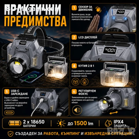 Мощен акумулаторен LED челник със сензор къмпинг лампа фенер за глава лов риболов къмпинг палатка, снимка 6 - Къмпинг осветление - 51178982