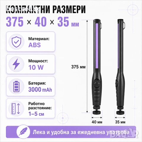 UV LED лампа за дезинфекция и стерилизация UV-C 10W преносима бактерициден ув фенер за дома и офиса, снимка 6 - Лед осветление - 53187900
