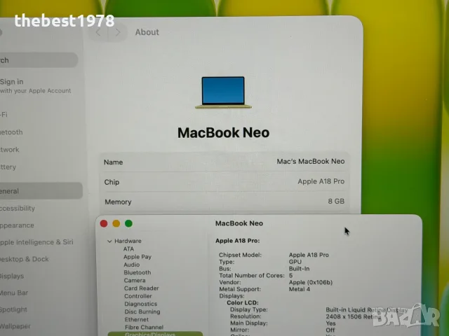 НОВ! MacBook NEO Citrus`512GB SSD/6-Core CPU/5-Core GPU/Гаранция 32 Месеца, снимка 6 - Лаптопи за работа - 55686423