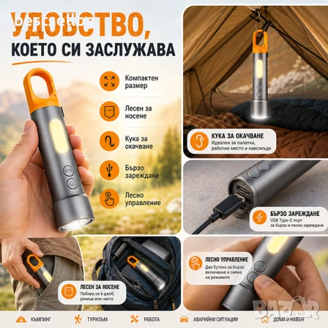 Мощен ръчен LED фенер къмпинг лампа различни цветове филтри за палатка, снимка 3 - Къмпинг осветление - 46856750