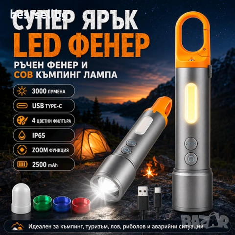 Мощен ръчен LED фенер къмпинг лампа различни цветове филтри за палатка