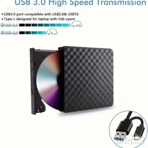 Външно CD DVD устройство USB 3.0 записвачка за лаптоп, снимка 2 - Друга електроника - 54381093