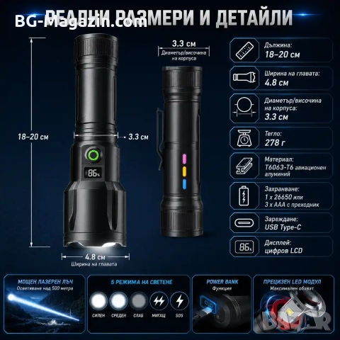 Мощен акумулаторен далекобоен лазерен прожектор LED фенер USB тактически водоустойчив лов риболов, снимка 6 - Къмпинг осветление - 51017230