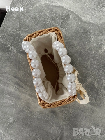 Сламена чанта с панделка и дръжки с перли, снимка 5 - Чанти - 54172476
