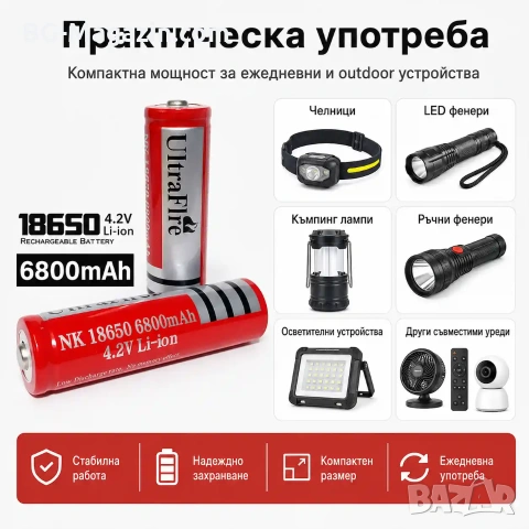 Акумулаторна презареждаща се батерия 18650 6800mAh 4.2V Li-ion презареждаща се за фенр челник, снимка 7 - Друга електроника - 51102962