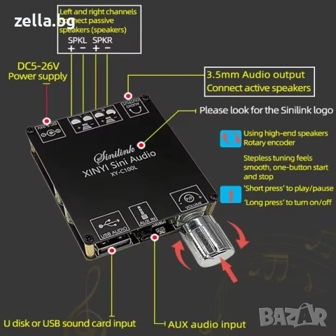 Hi-Fi Bluetooth 5.0 стерео усилвателен модул 2x100W Клас D – за автомобил, DIY проекти 10115, снимка 5 - Друга електроника - 54658333