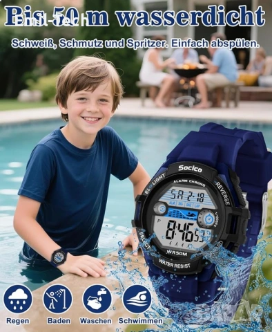 Детски часовник дигитален водоустойчив 50M – LED, аларма, 2 каишки, снимка 4 - Детски - 54049696