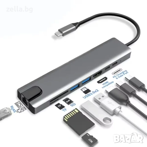 USB-C хъб 8 в 1, HDMI 4K 30Hz, RJ45 100Mbps, PD 87W, USB 3.0 за MacBook, Dell, Lenovo 10305, снимка 9 - Друга електроника - 54663317