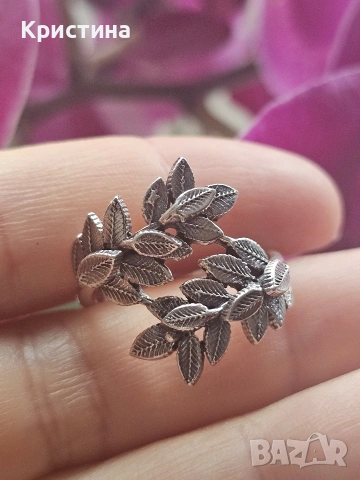 Сребърен пръстен с флорален мотив, снимка 2 - Пръстени - 54015892