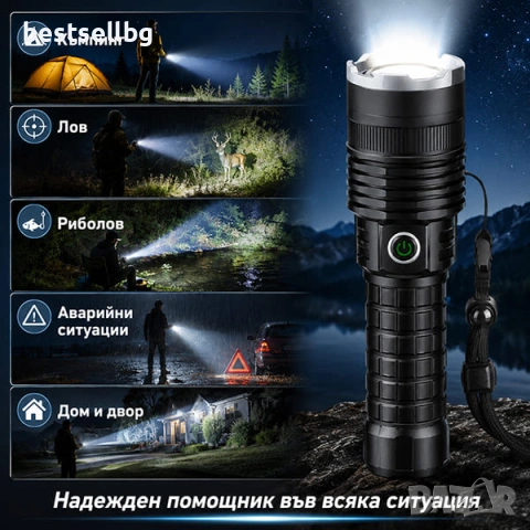 Мощен ръчен лед прожектор P90 фенер акумулаторен зарядно USB лов XHP90, снимка 3 - Къмпинг осветление - 40109922