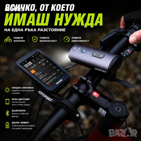 Предна SMART LED фар светлина за велосипед IGPSPORT VS1800 + Стойка M80/S81, 1800 lm, Bluetooth, USB, снимка 6 - Аксесоари за велосипеди - 54208361
