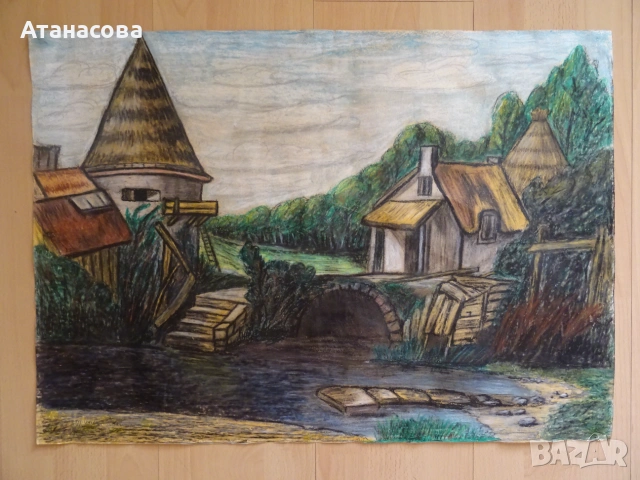 АРГИР МАНАСИЕВ картина "Селски пейзаж" пастел 1980 г, снимка 8 - Картини - 55070424