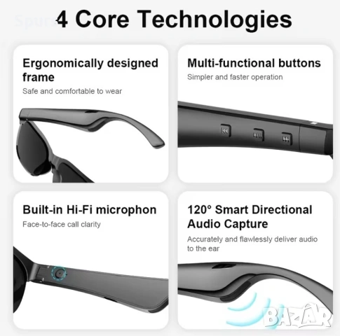 Смарт очила с Bluetooth слушалки – Безжични, микрофон , USB-C, Черни, снимка 5 - Bluetooth слушалки - 55242237