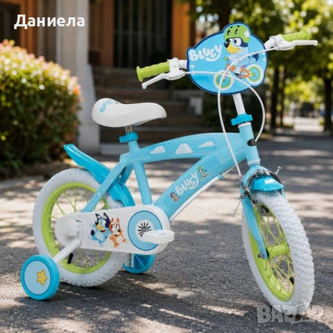 Детски велосипед Bluey 16" със спомагателни колела – светлосин, за деца 5–7 години, снимка 5 - Велосипеди - 54750433