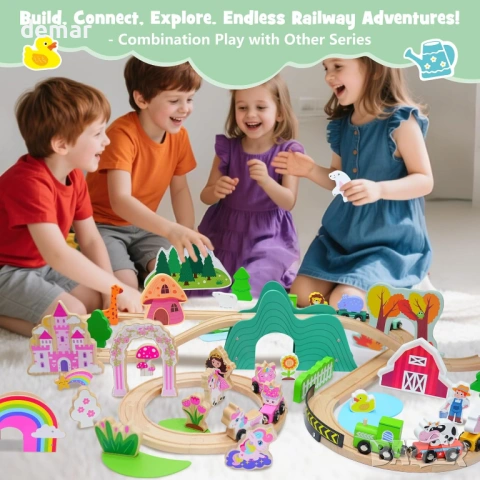 SIMPLIPLAY Комплект дървено влакче за малки деца 3-5 години, Монтесори, 49 части, снимка 7 - Образователни игри - 54650200