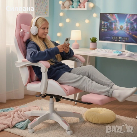  Ергономичен розов геймърски стол с поставка за крака , снимка 3 - Столове - 53959659