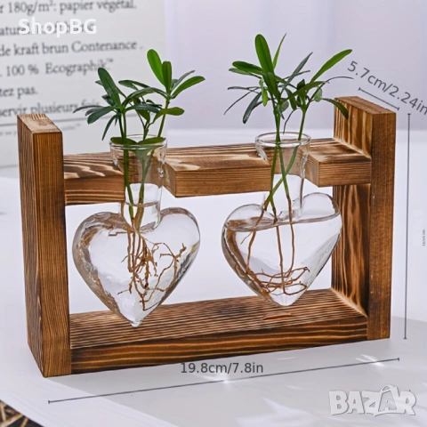 Стъклена ваза за хидропоника на дървена стойка „Heart Glass Vase“, снимка 4 - Други - 54820920