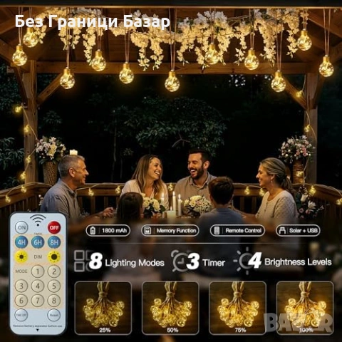 Нови Декоративни соларни лампички за градина балкон тераса 8 метра 16 G50 крушки USB дистанционно, снимка 3 - Соларни лампи - 54100271