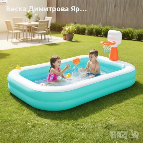 Надуваем семеен басейн с баскетболен кош и топка, 251 x 168 x 102 см, 636 л, снимка 3 - Басейни и аксесоари - 54933576