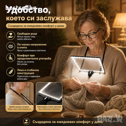 Голяма увеличителна лупа за врат с LED осветление за четене шиене бордиране гоблени USB зареждане, снимка 2 - Други инструменти - 53090715