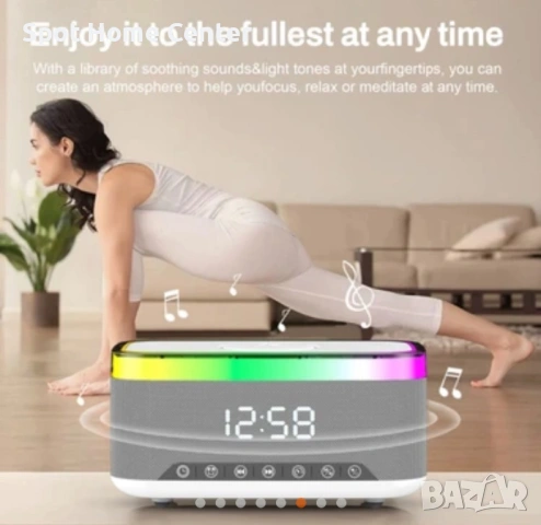 Безжична Bluetooth колонка с функция за зареждане на телефон отгоре, RGB дизайн, аларма и часовник., снимка 6 - Слушалки и портативни колонки - 54584876