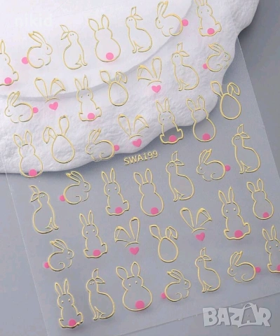 Заек зайче зайчета контур Великденски самозалепващи лепенки ваденки нокти маникюр декорация слайдер, снимка 7 - Продукти за маникюр - 54034369